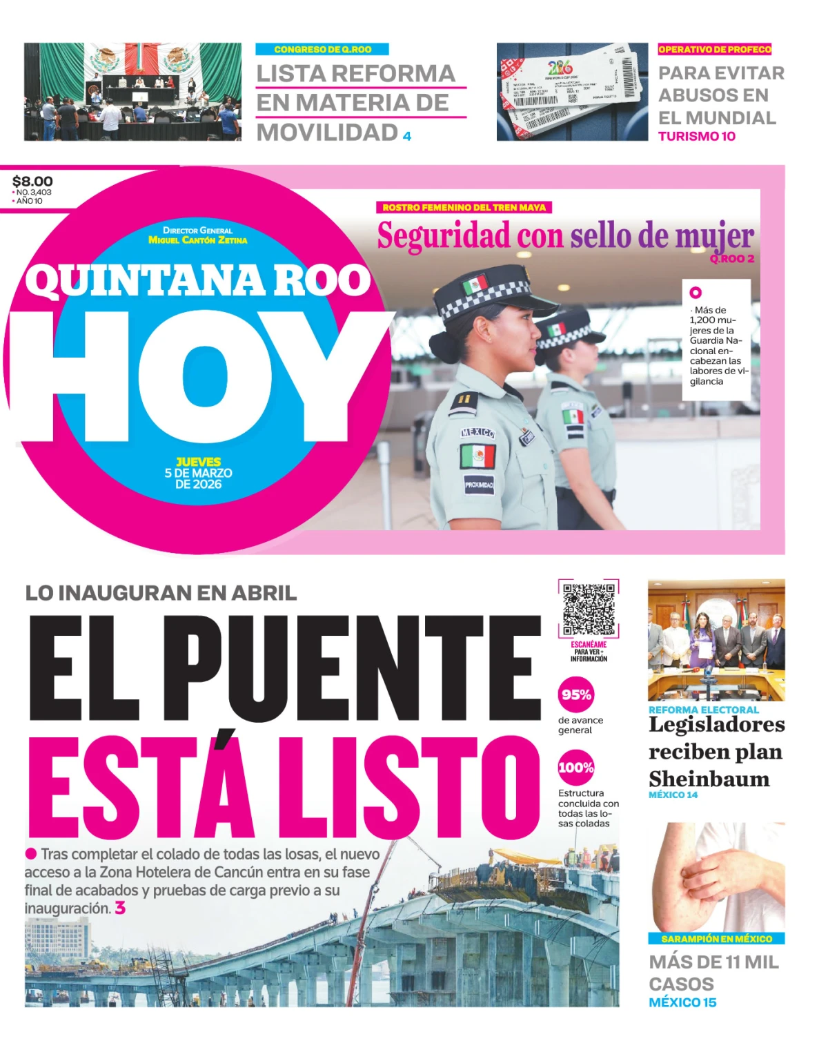 Portada de Quintana Roo Hoy (portada) del jueves, 5 de marzo de 2026