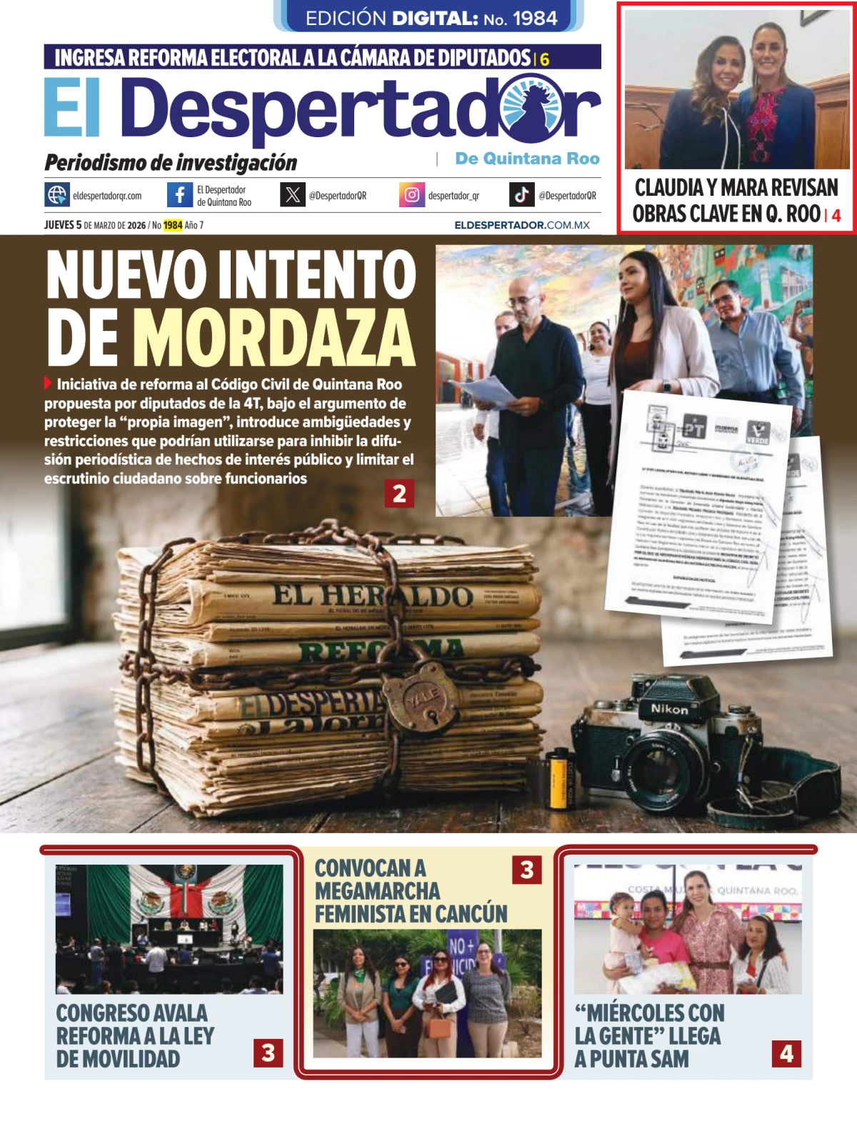 Portada de El Despertador de Quintana Roo del jueves, 5 de marzo de 2026