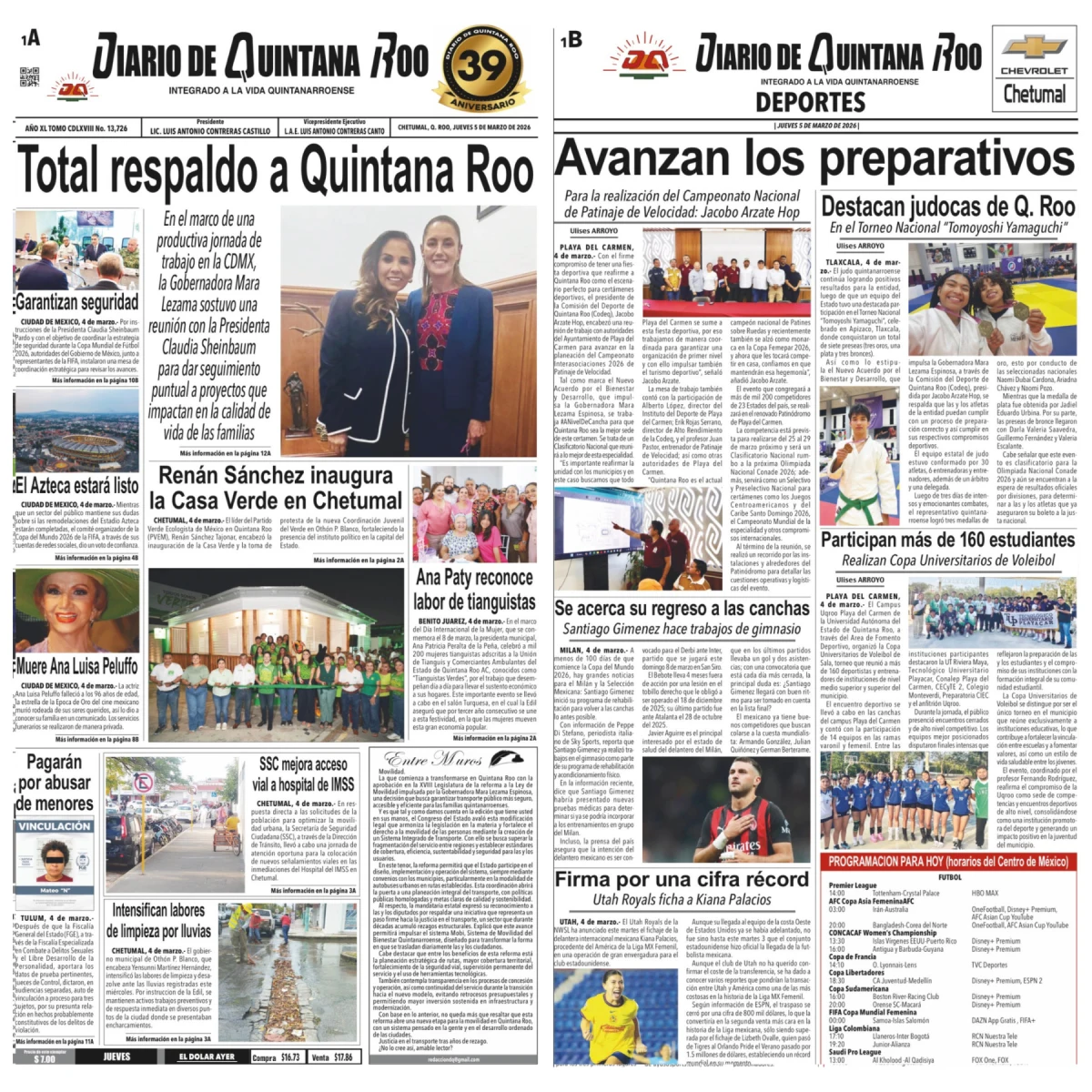 Portada de Diario de Quintana Roo (portada) del jueves, 5 de marzo de 2026