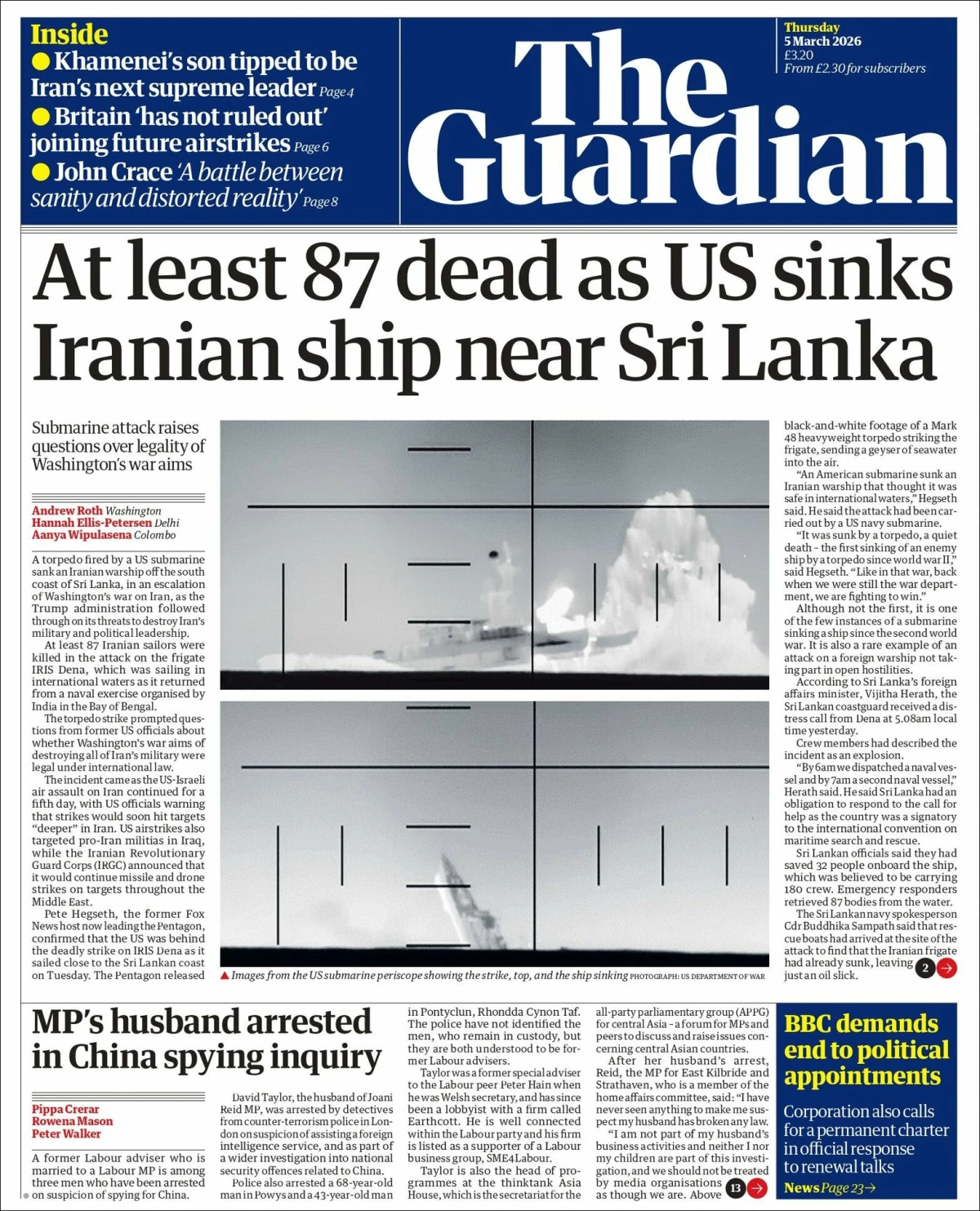 Portada de The Guardian (reino Unido) del jueves, 5 de marzo de 2026