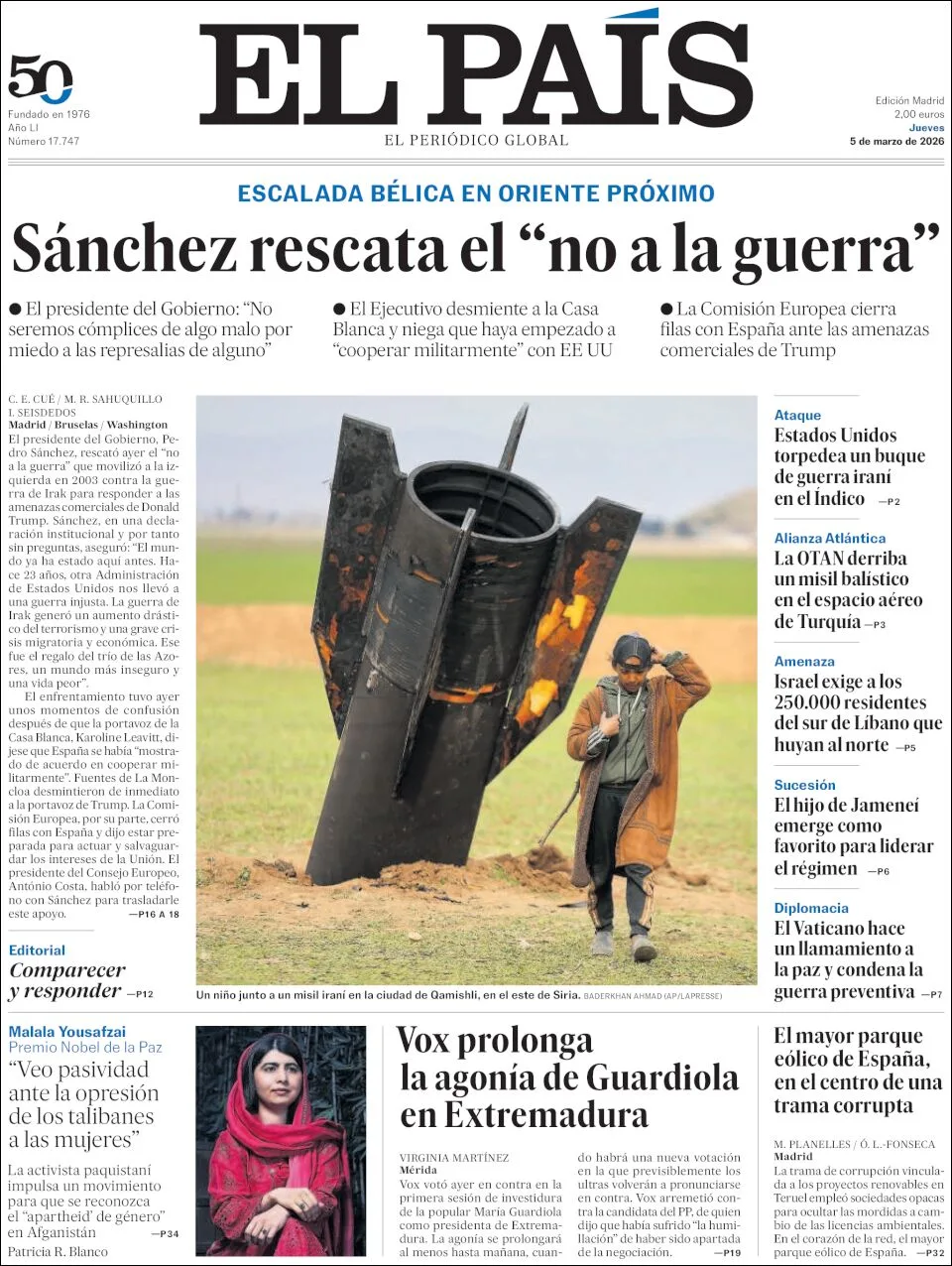 Portada de El Pais del jueves, 5 de marzo de 2026