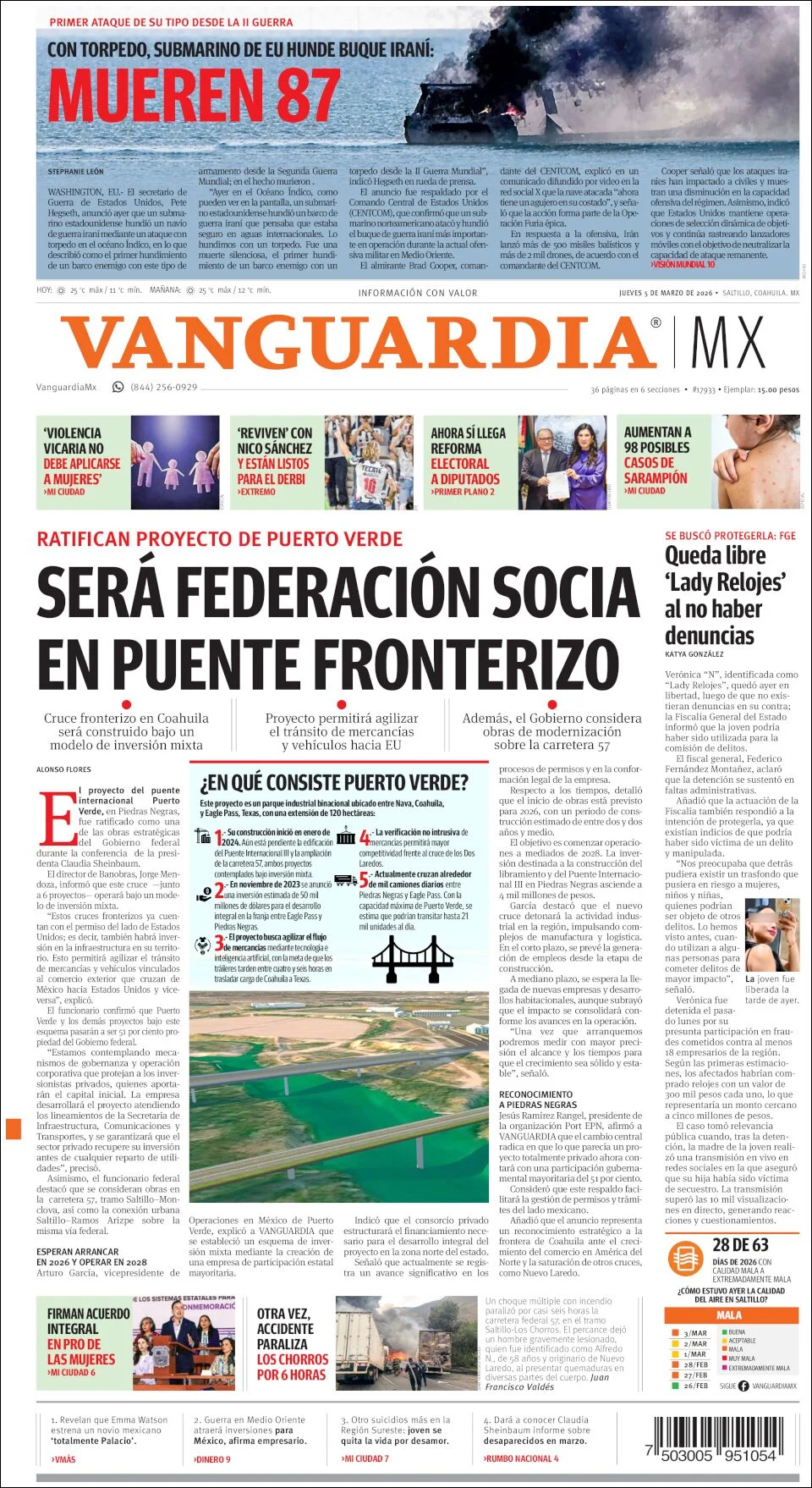 Portada de Vanguardia del jueves, 5 de marzo de 2026