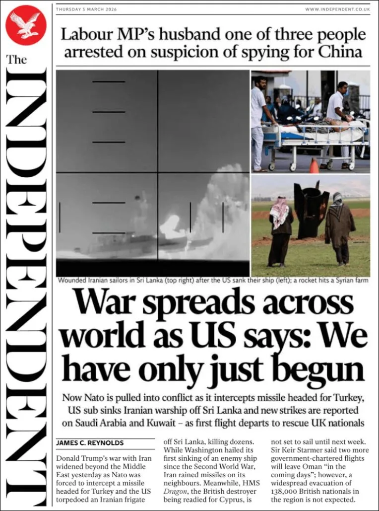 Portada de The Independent del jueves, 5 de marzo de 2026