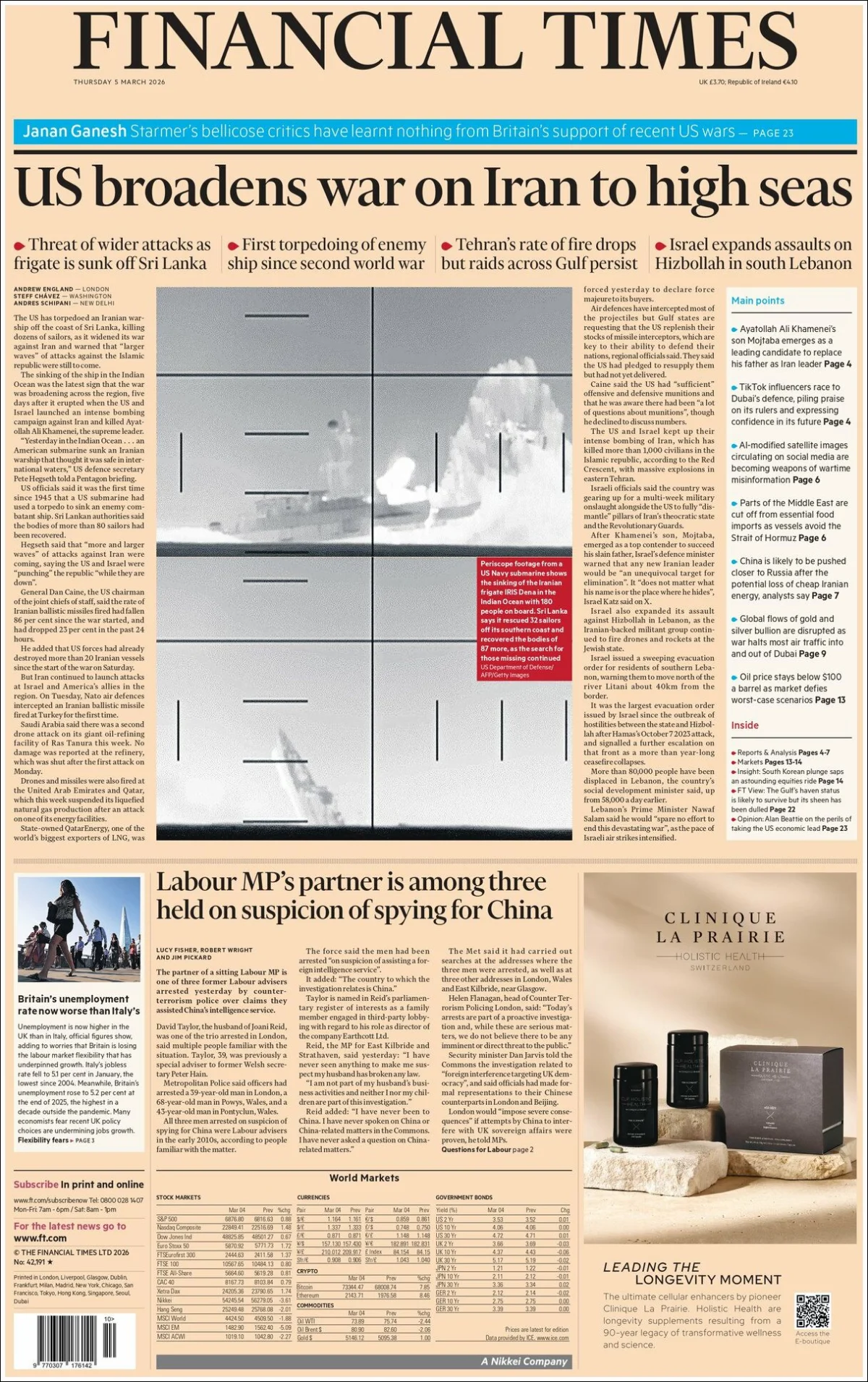 Portada de Financial Times del jueves, 5 de marzo de 2026