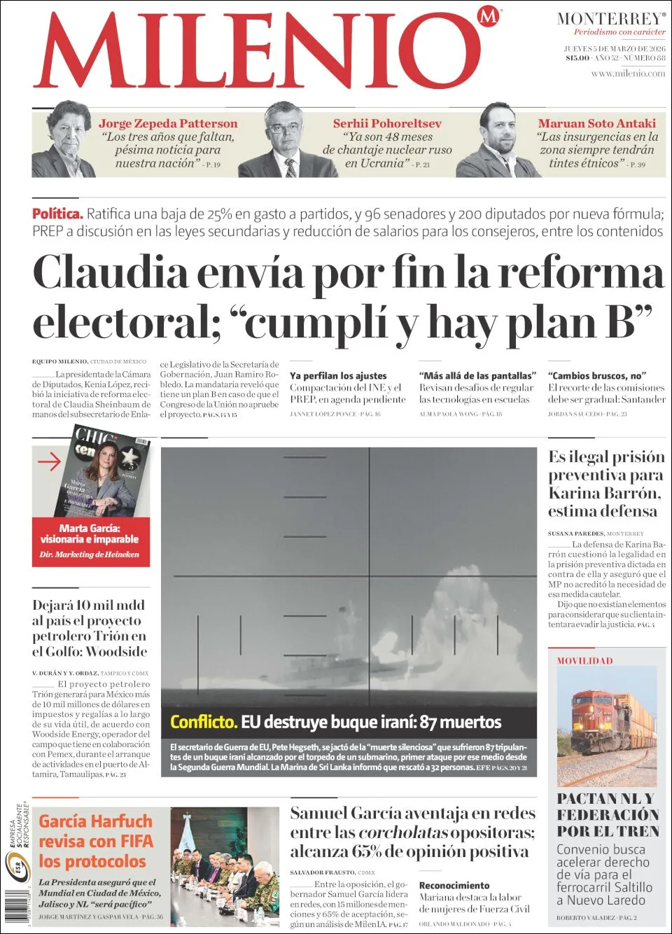 Portada de Milenio del jueves, 5 de marzo de 2026
