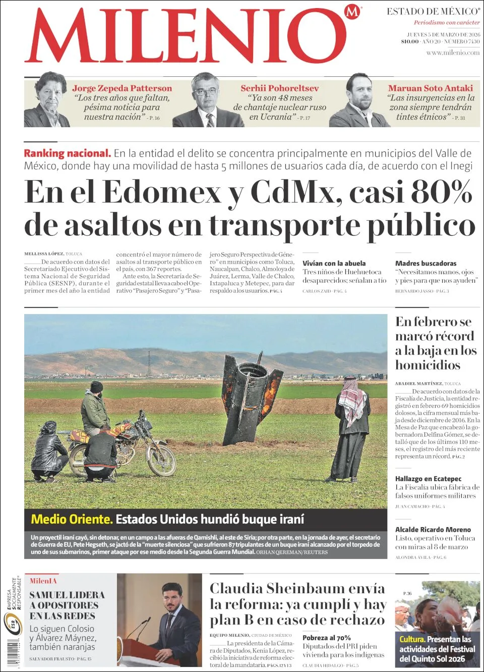 Portada de Milenio Edo de Mexico del jueves, 5 de marzo de 2026