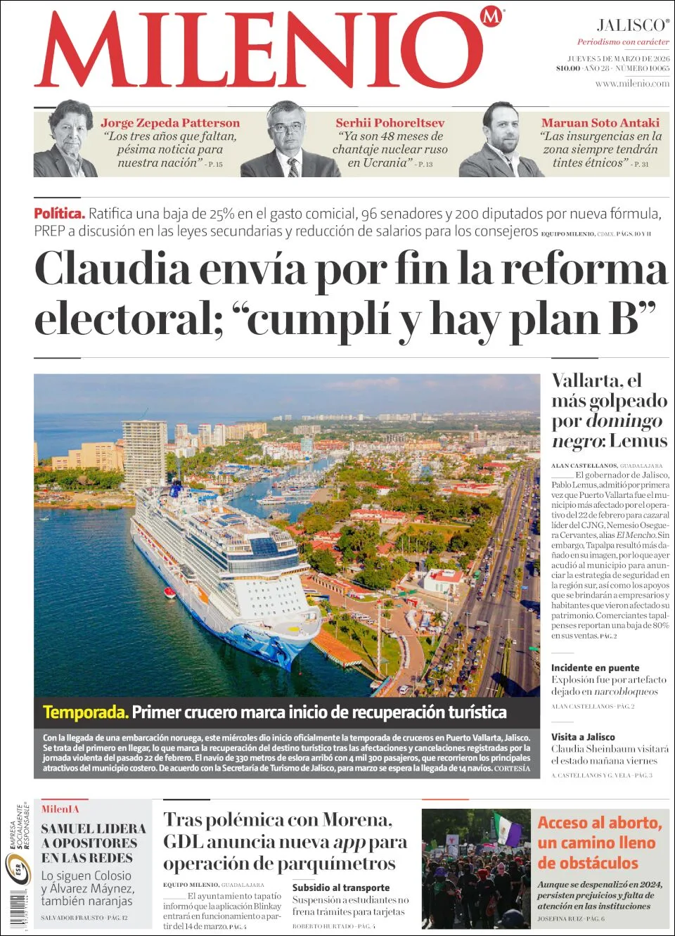 Portada de Milenio Jalisco del jueves, 5 de marzo de 2026