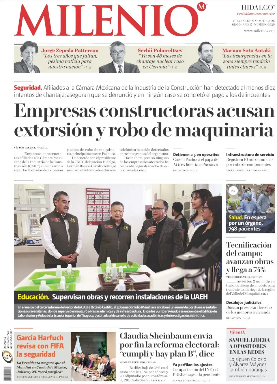 Portada de Milenio Hidalgo del jueves, 5 de marzo de 2026