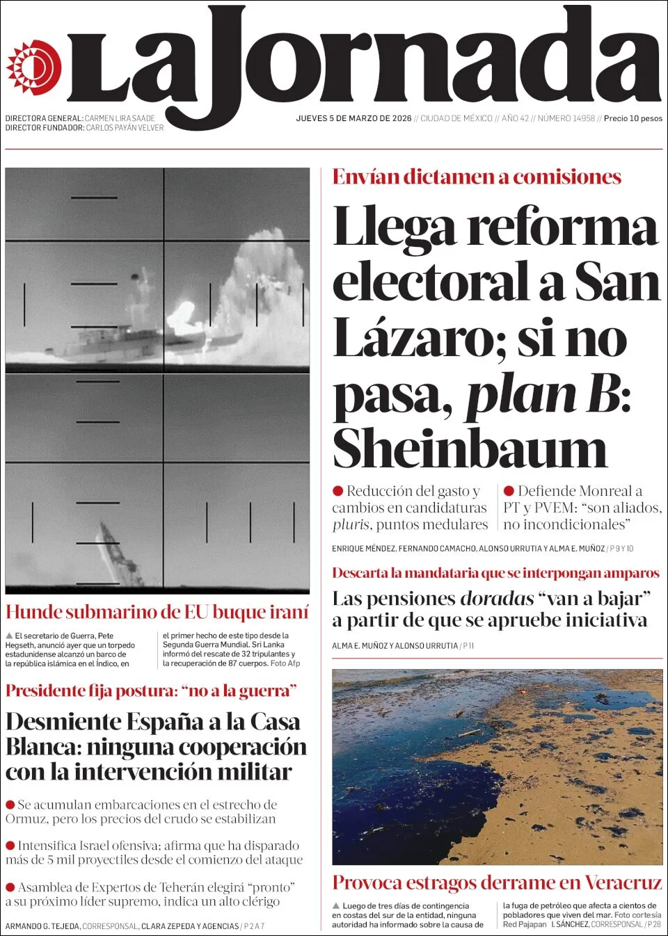 Portada de La Jornada del jueves, 5 de marzo de 2026