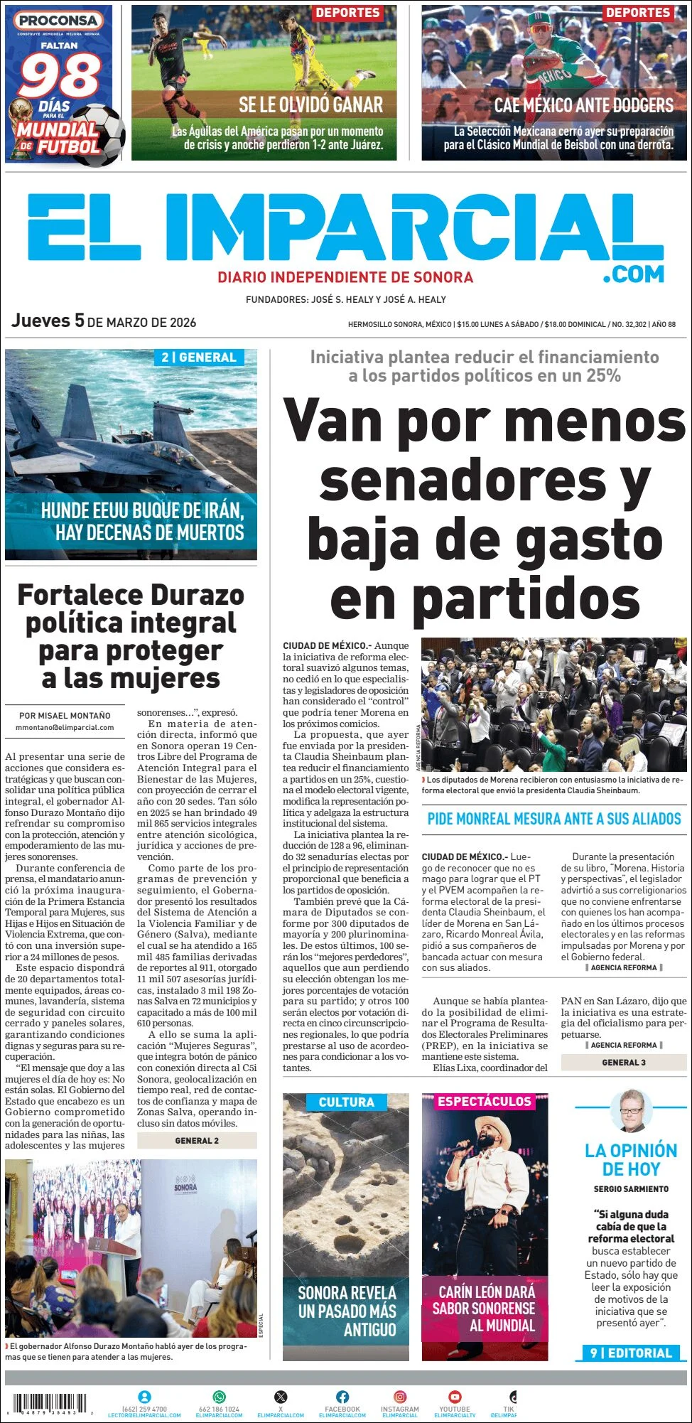 Portada de El Imparcial del jueves, 5 de marzo de 2026