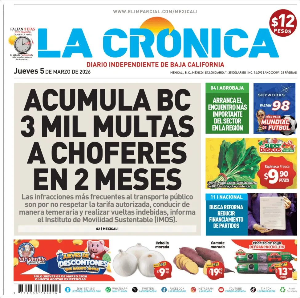 Portada de La Cronica del jueves, 5 de marzo de 2026