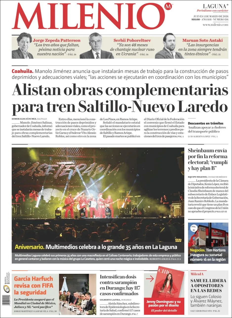Portada de Milenio Laguna del jueves, 5 de marzo de 2026