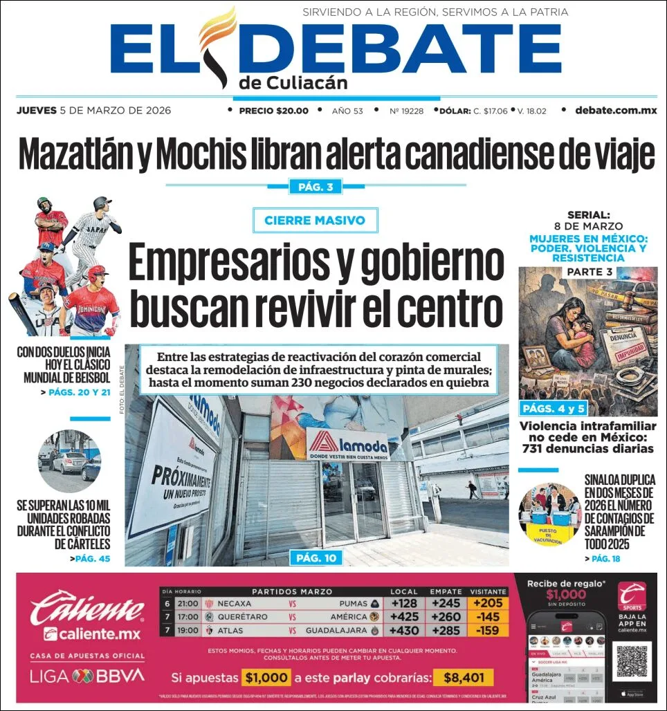 Portada de El Debate de Culiacan del jueves, 5 de marzo de 2026