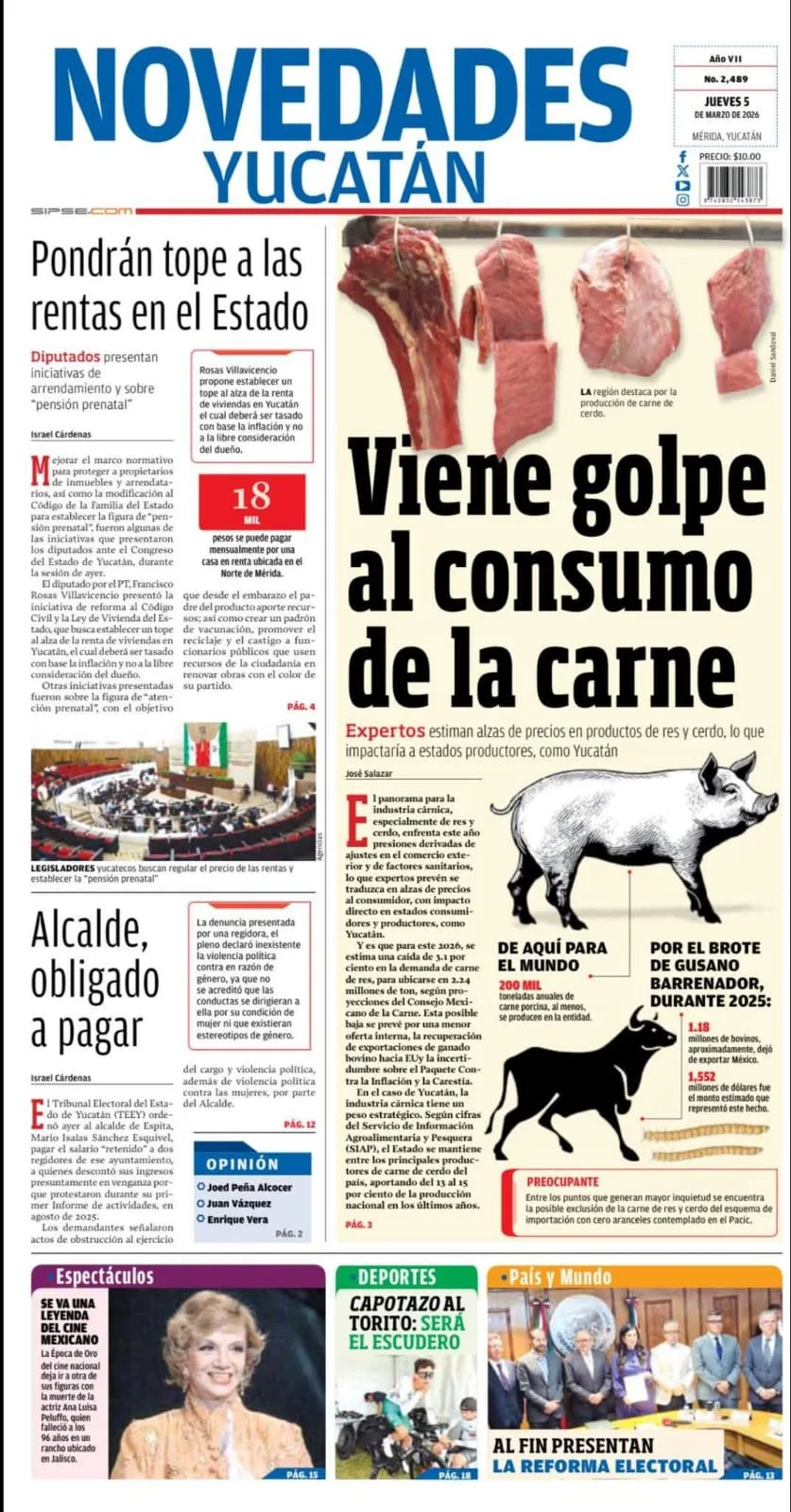Portada de Novedades Yucatan del jueves, 5 de marzo de 2026
