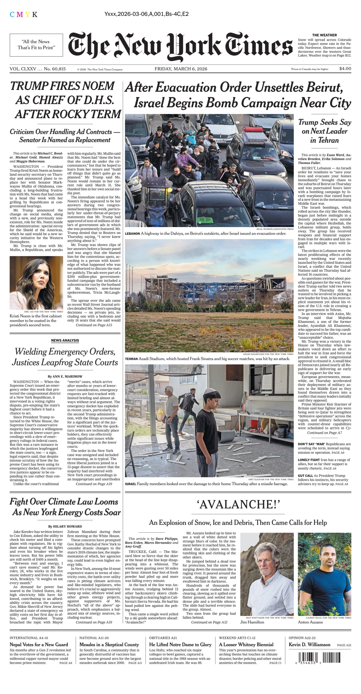 Portada de The New York Times (national) del viernes, 6 de marzo de 2026