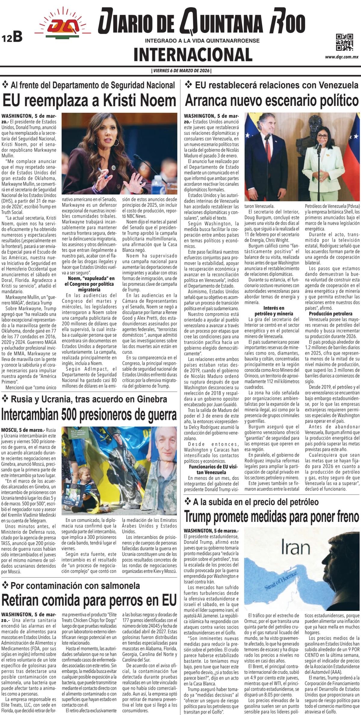 Portada de Diario de Quintana Roo (contra Portada) del viernes, 6 de marzo de 2026