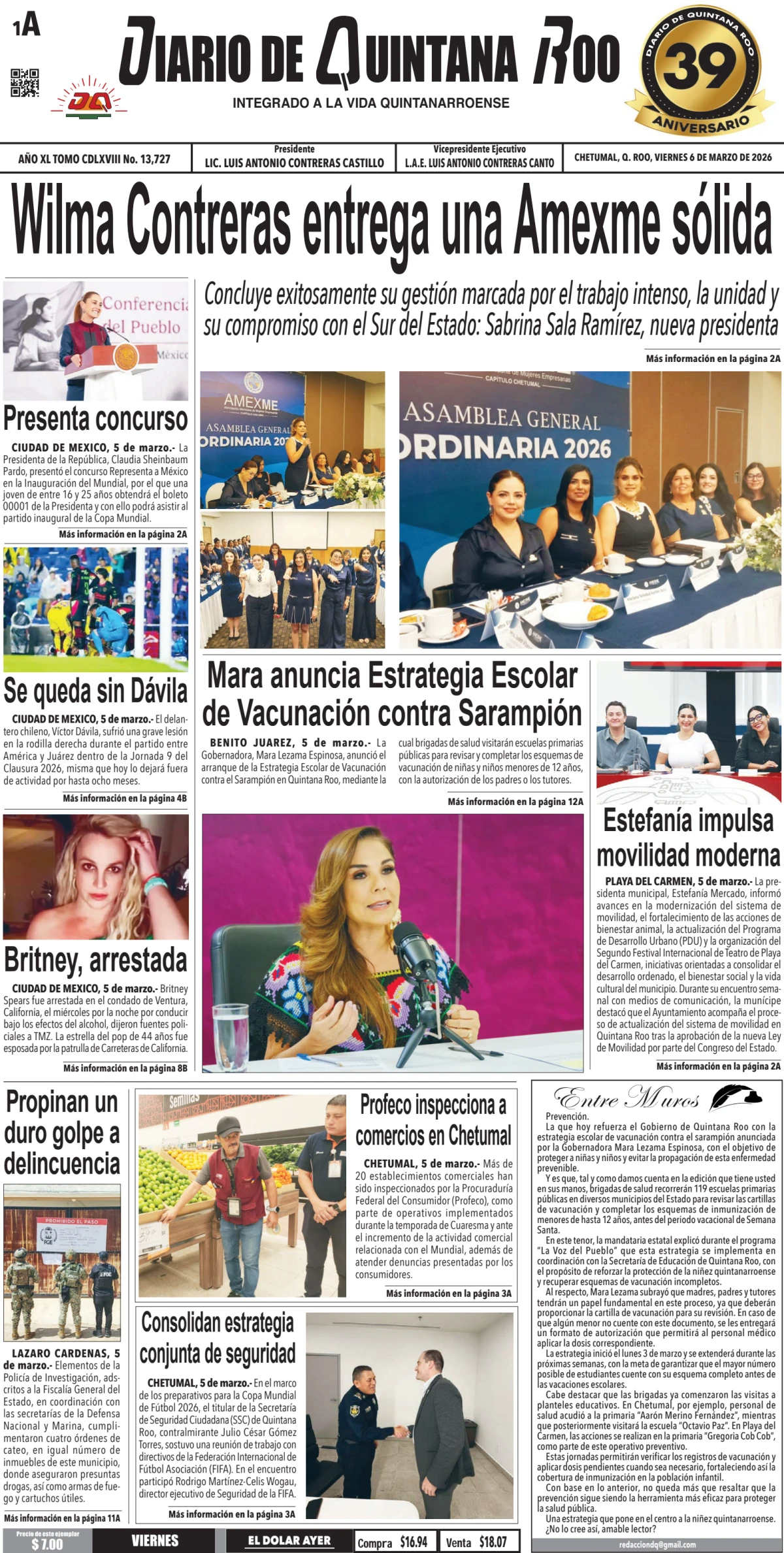 Portada de Diario de Quintana Roo (portada) del viernes, 6 de marzo de 2026