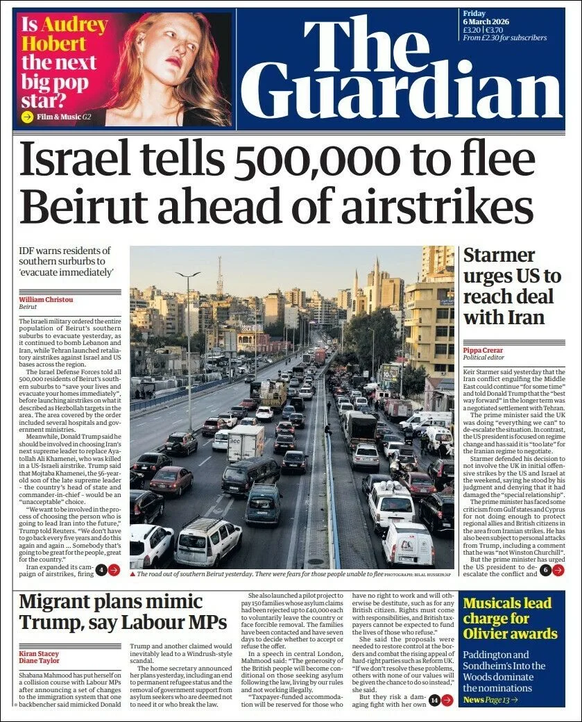 Portada de The Guardian (reino Unido) del viernes, 6 de marzo de 2026