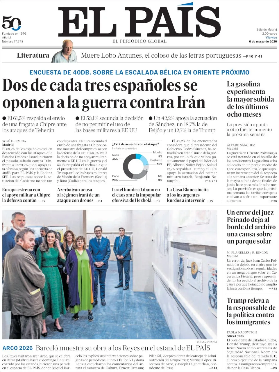 Portada de El Pais del viernes, 6 de marzo de 2026