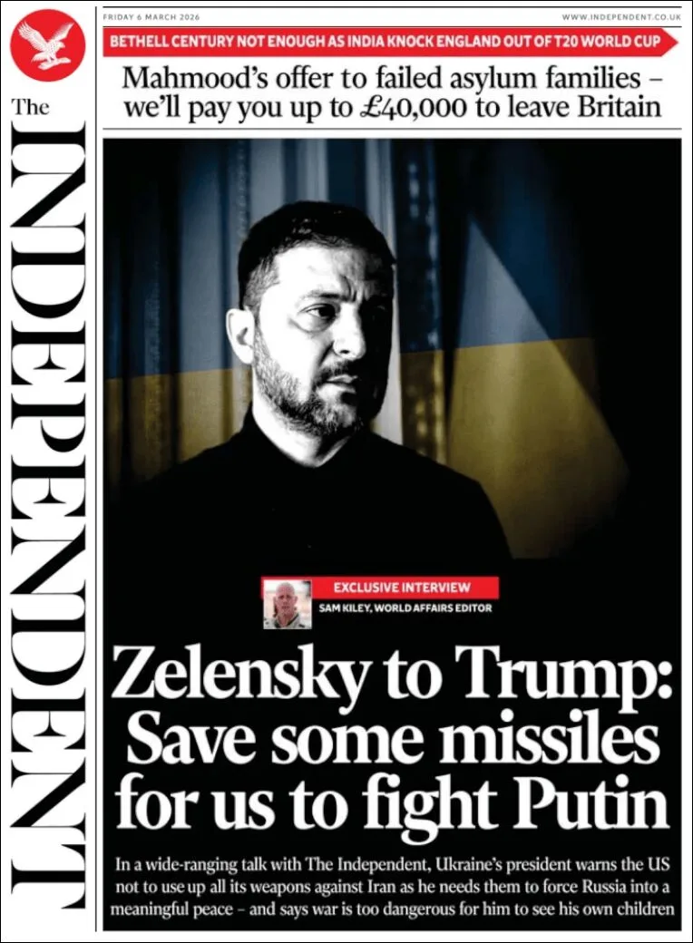 Portada de The Independent del viernes, 6 de marzo de 2026