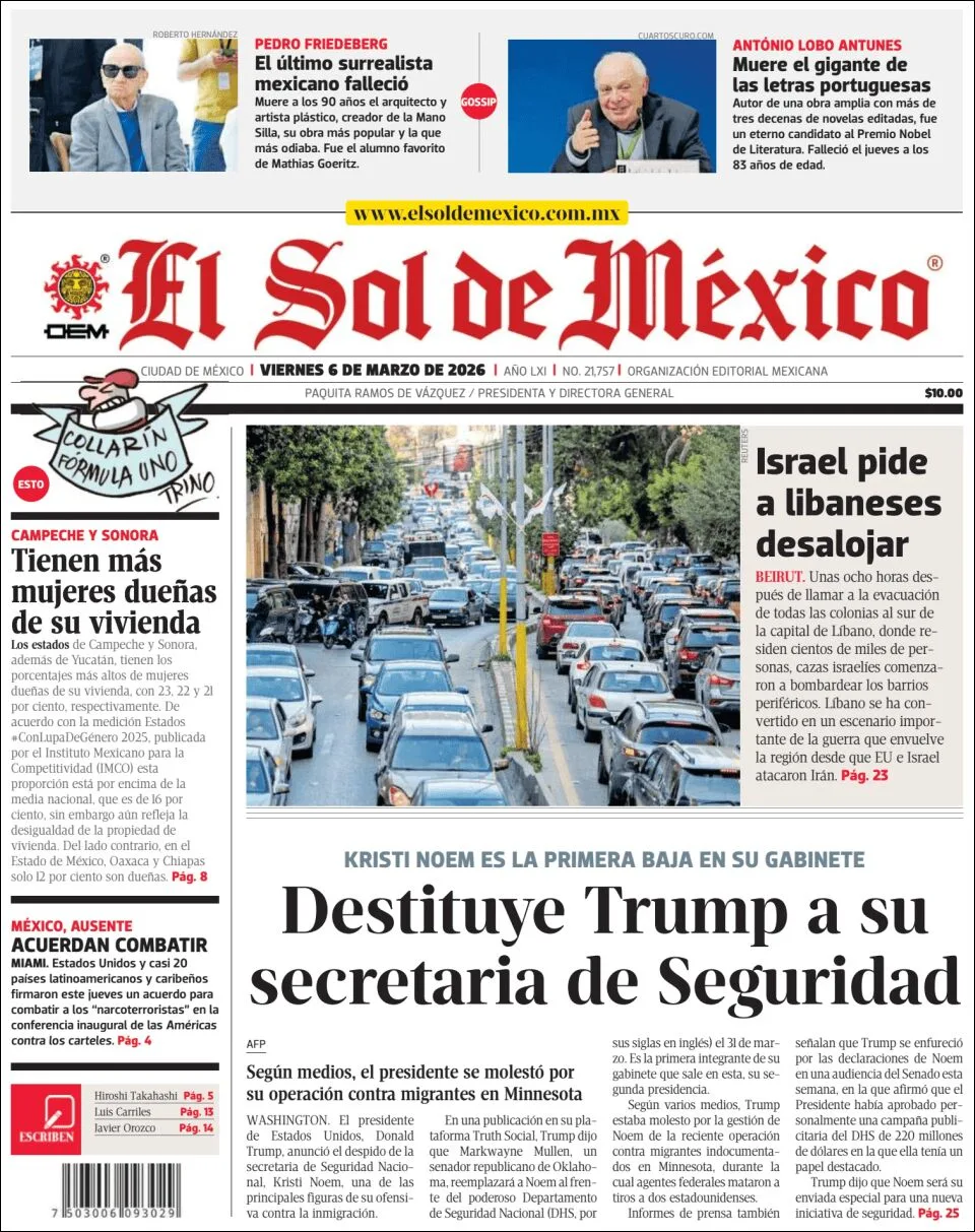 Portada de El Sol de Mexico del viernes, 6 de marzo de 2026