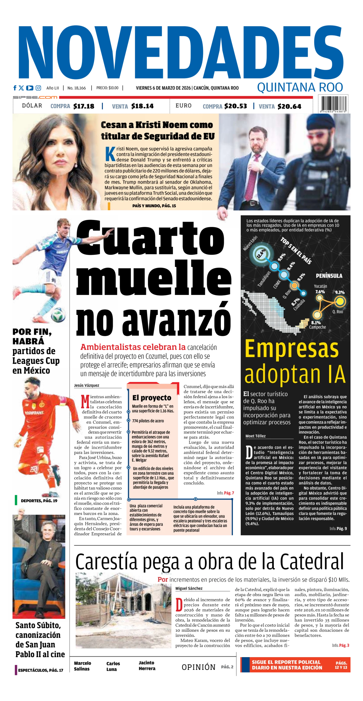 Portada de Novedades Quintana Roo del viernes, 6 de marzo de 2026