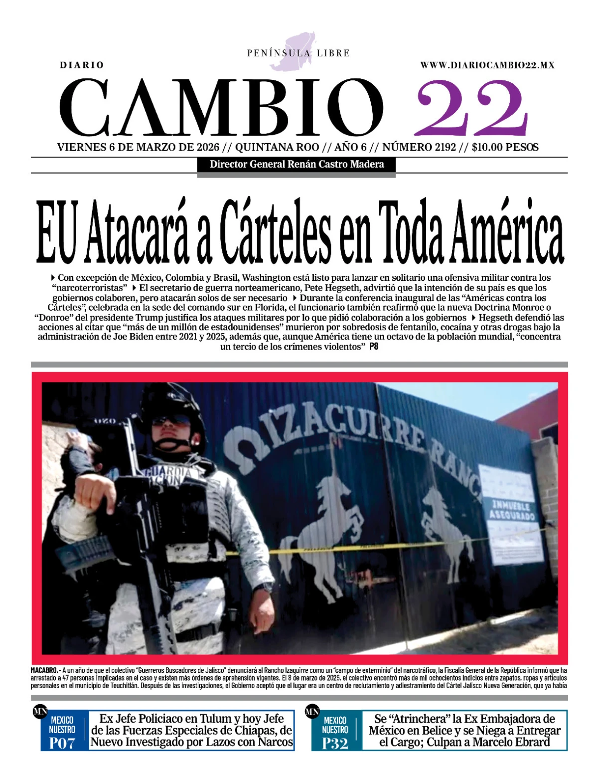 Portada de Diario Cambio 22 (contraportada) del viernes, 6 de marzo de 2026