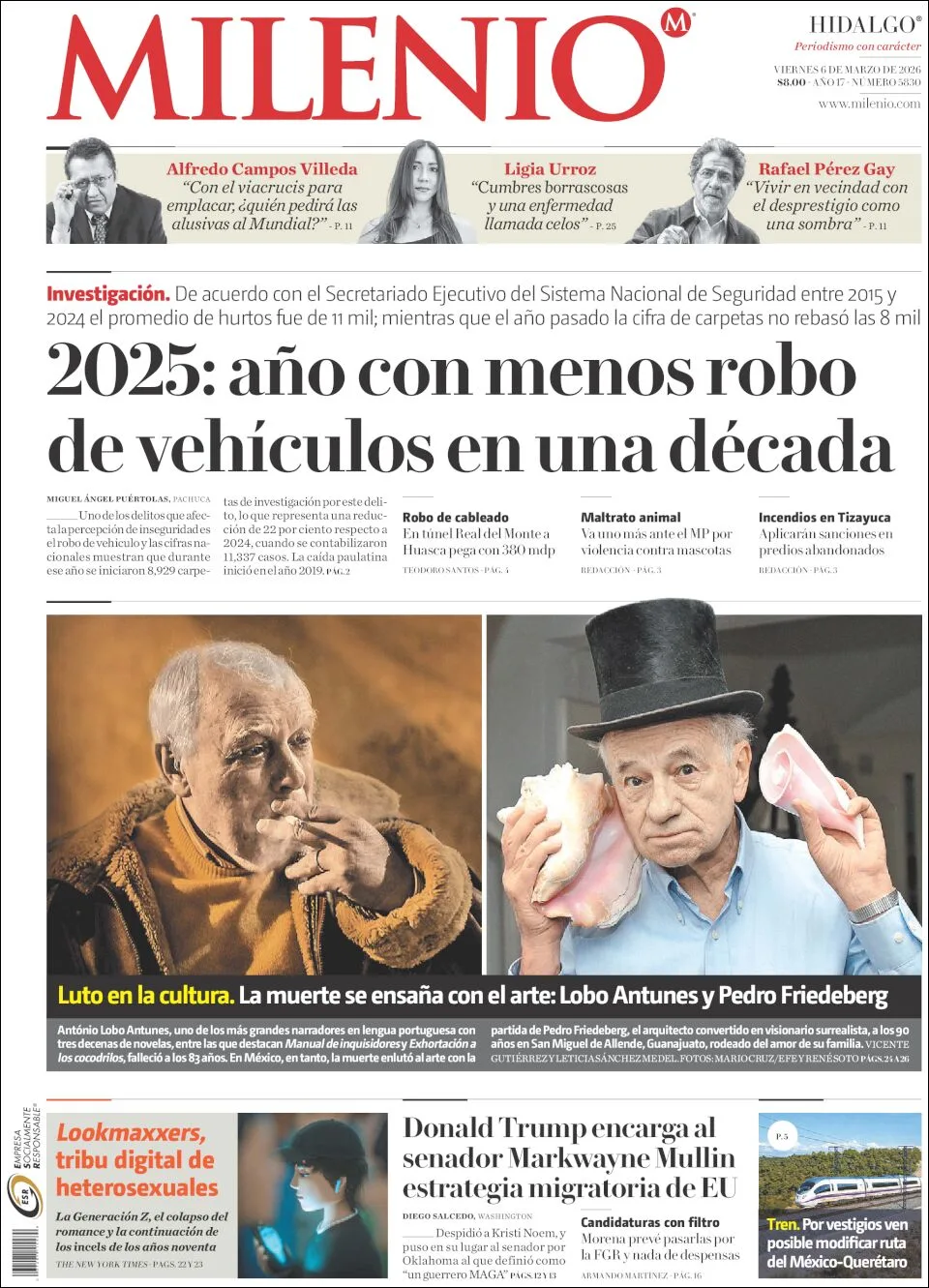 Portada de Milenio Hidalgo del viernes, 6 de marzo de 2026