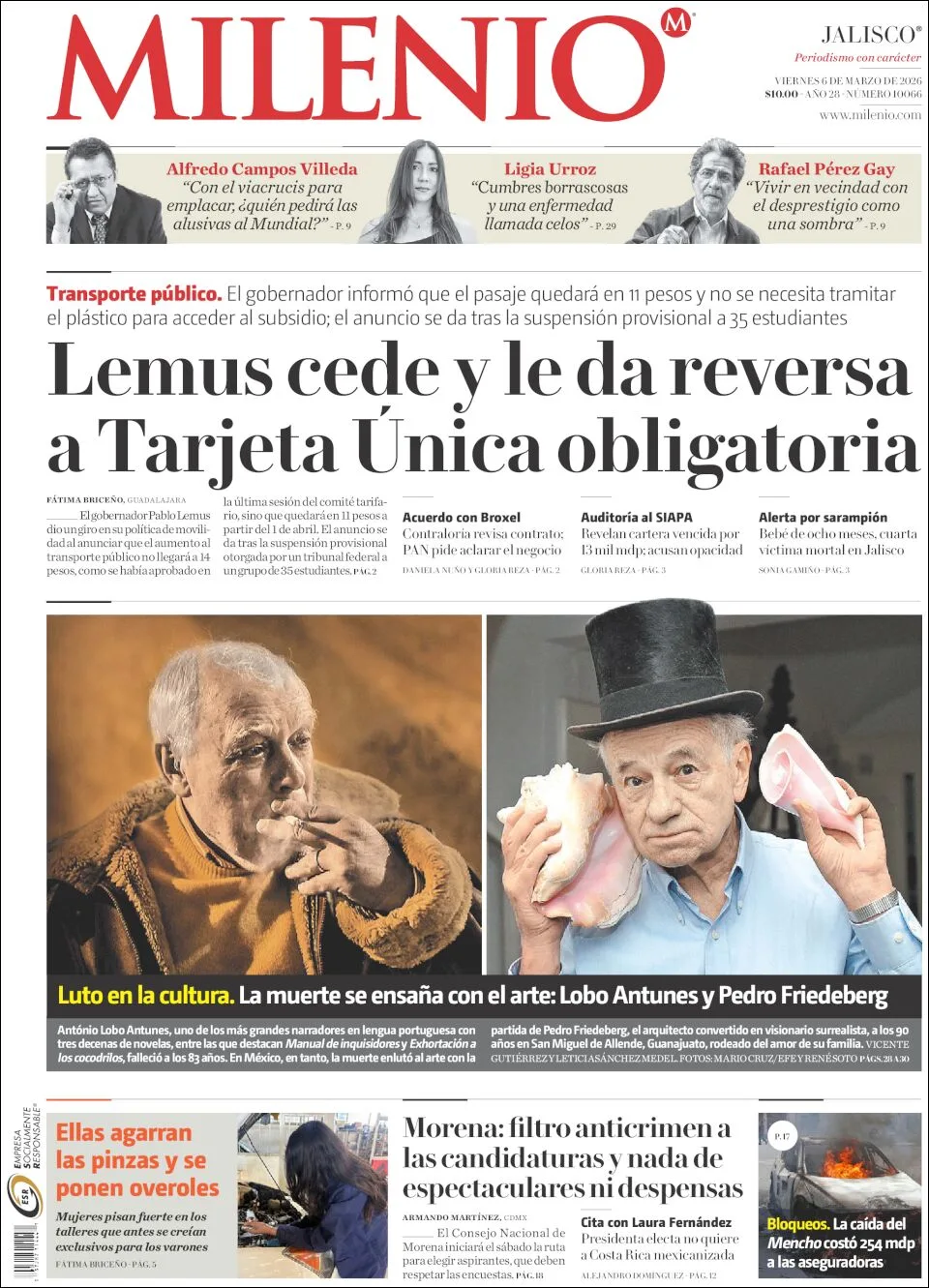 Portada de Milenio Jalisco del viernes, 6 de marzo de 2026