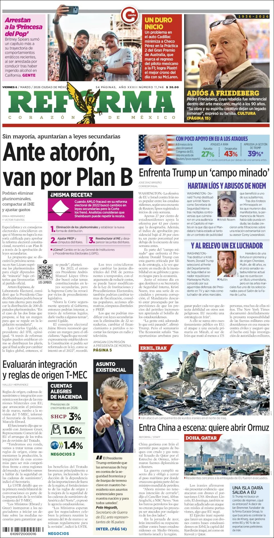 Portada de Reforma del viernes, 6 de marzo de 2026