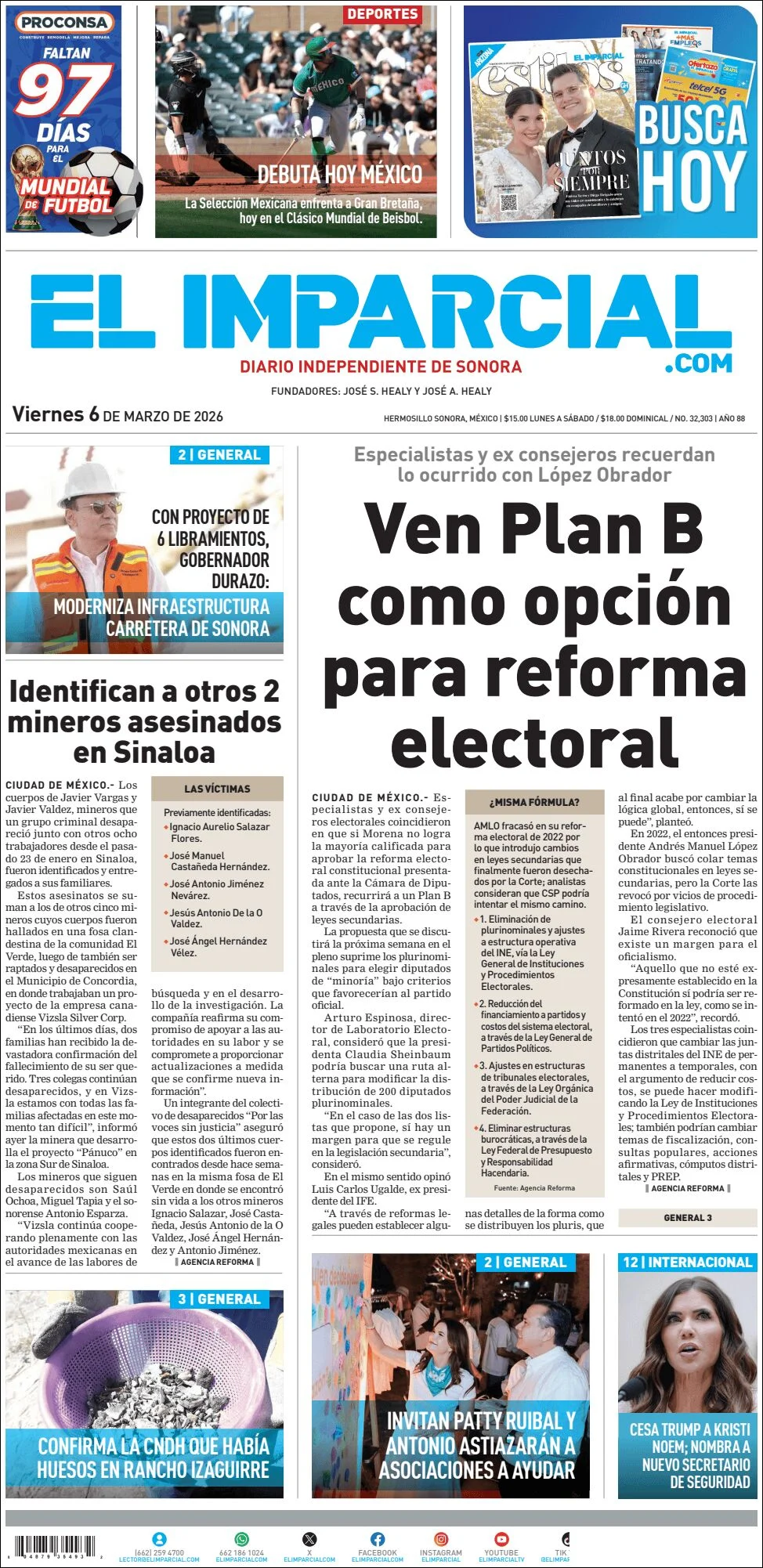 Portada de El Imparcial del viernes, 6 de marzo de 2026