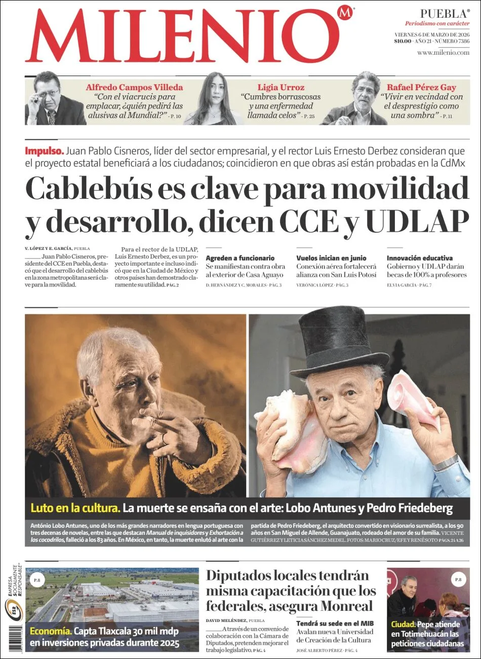 Portada de Milenio Puebla del viernes, 6 de marzo de 2026