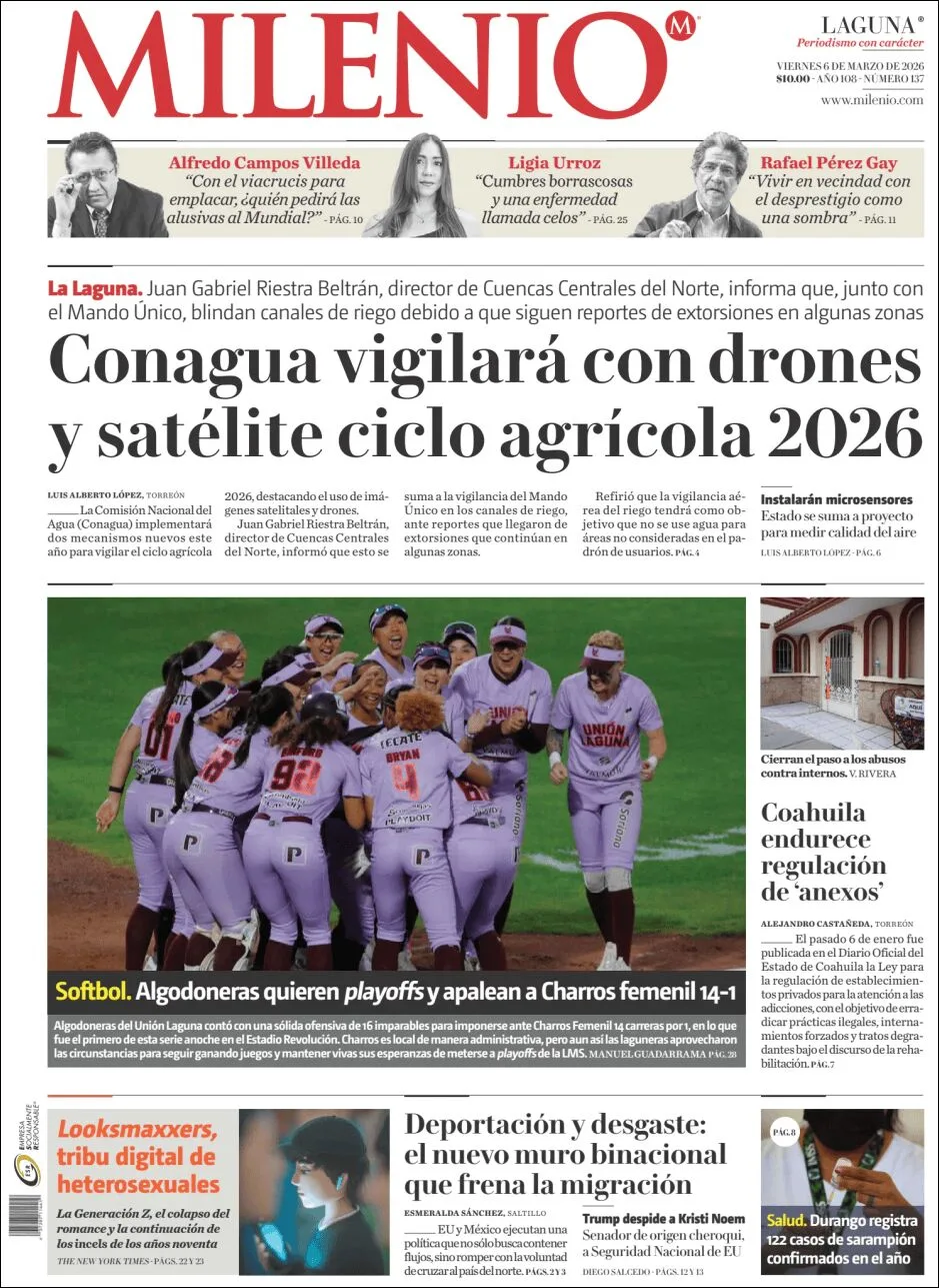 Portada de Milenio Laguna del viernes, 6 de marzo de 2026