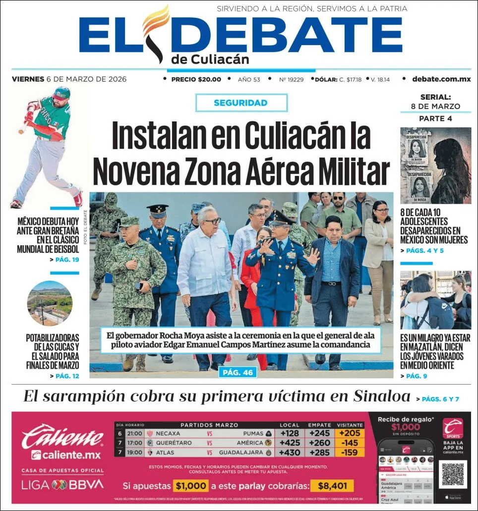 Portada de El Debate de Culiacan del viernes, 6 de marzo de 2026