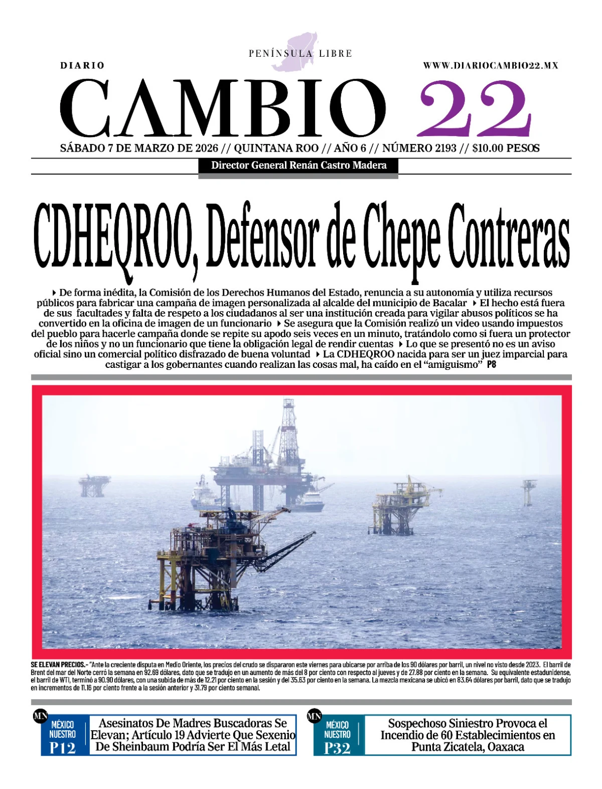 Portada de Diario Cambio 22 (contraportada) del sábado, 7 de marzo de 2026