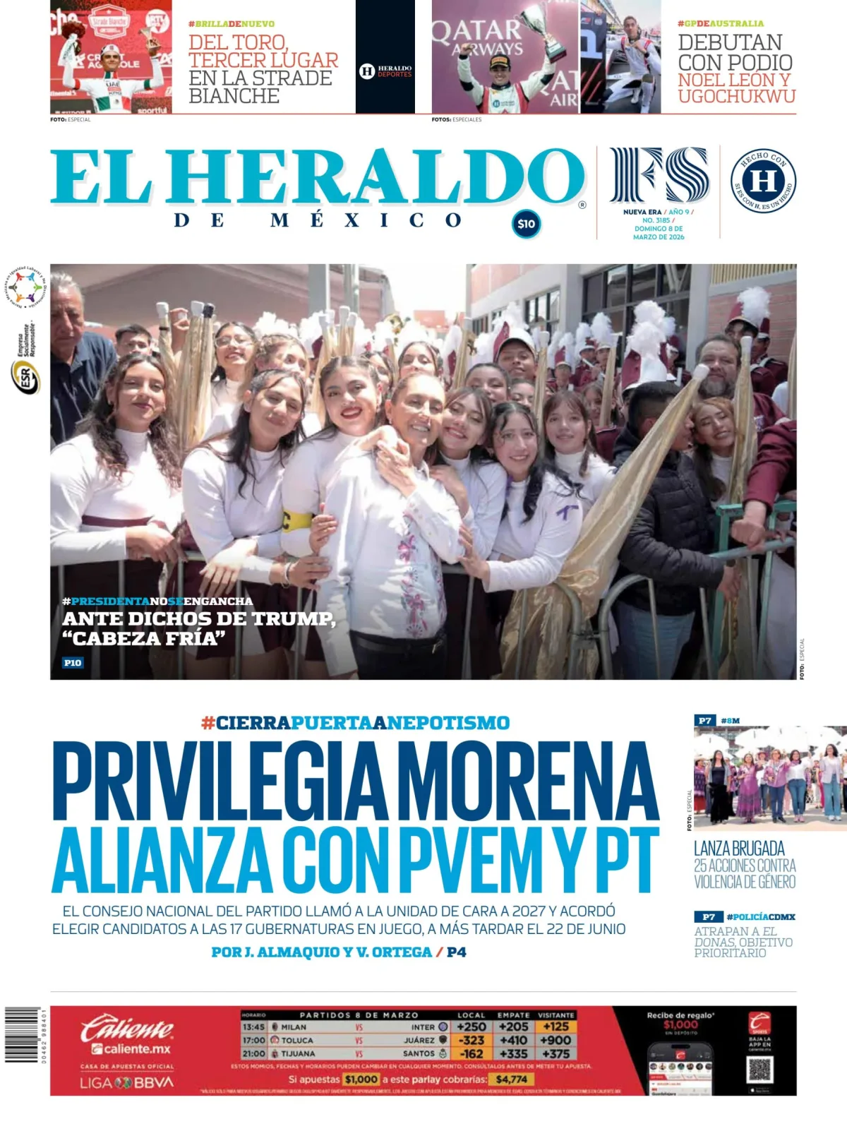 Portada de El Heraldo de Mexico del domingo, 8 de marzo de 2026