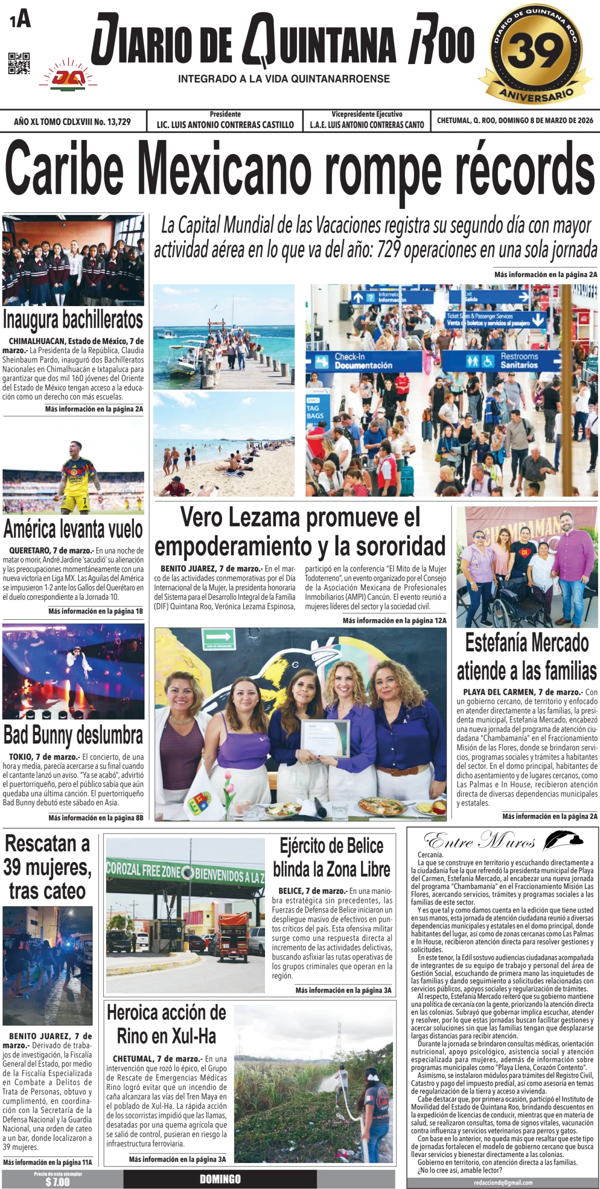 Portada de Diario de Quintana Roo (portada) del domingo, 8 de marzo de 2026