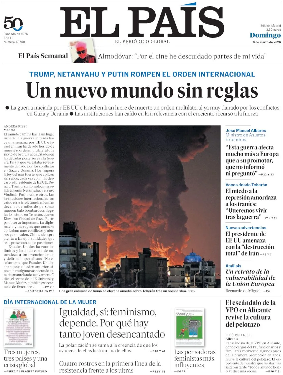 Portada de El Pais del domingo, 8 de marzo de 2026