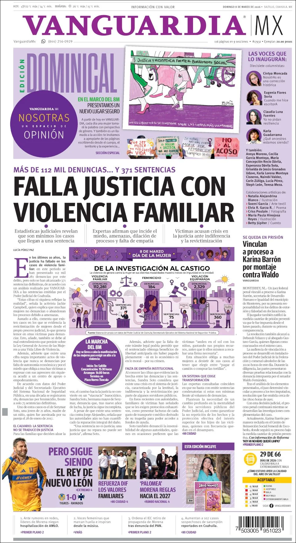 Portada de Vanguardia del domingo, 8 de marzo de 2026