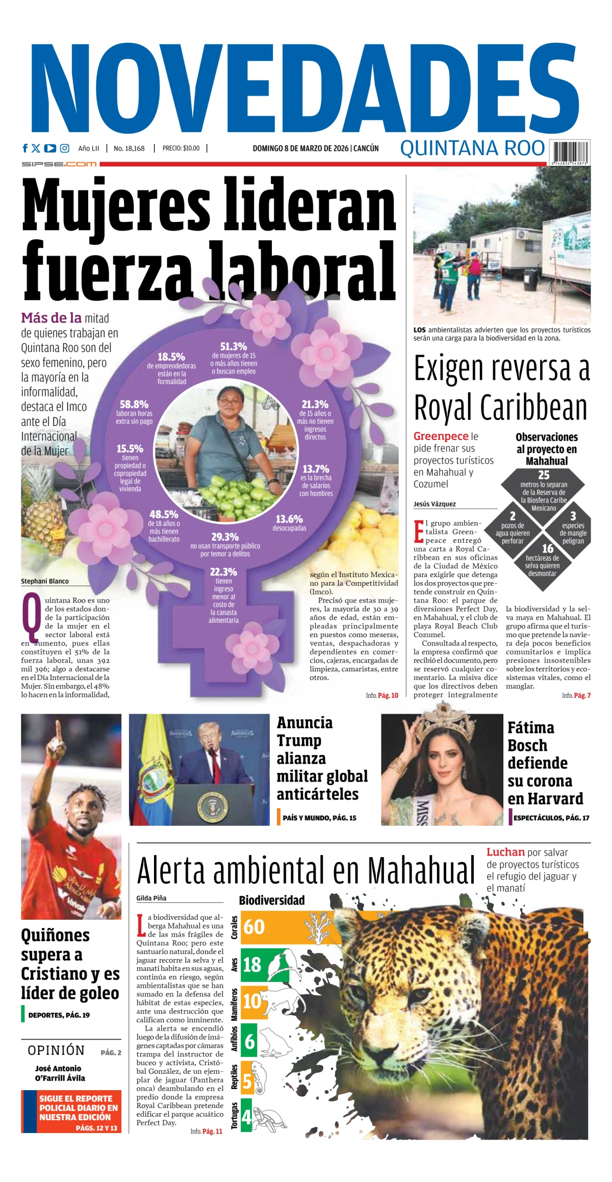 Portada de Novedades Quintana Roo del domingo, 8 de marzo de 2026