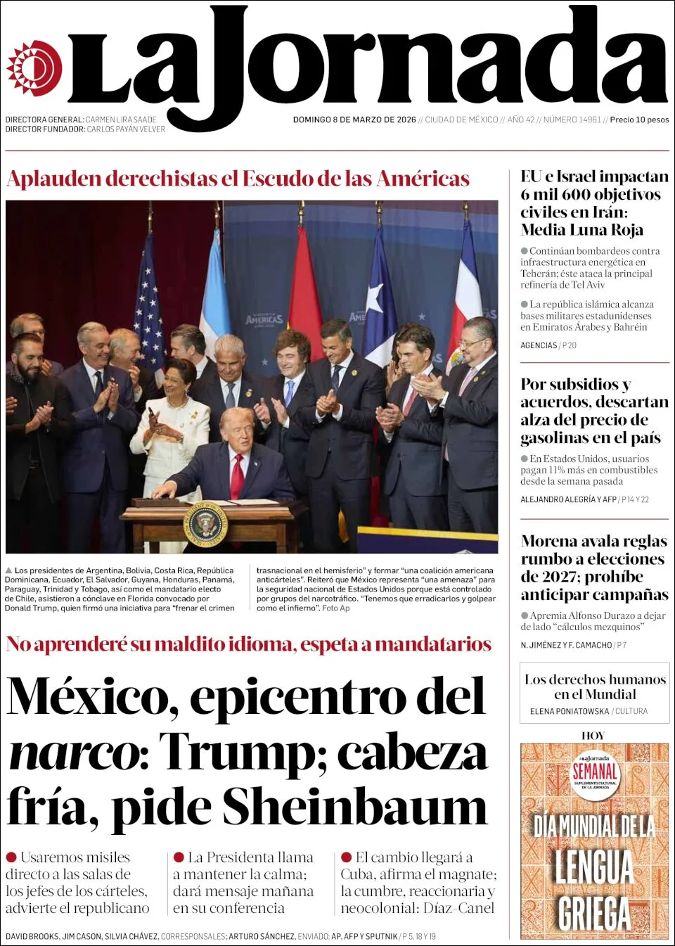 Portada de La Jornada del domingo, 8 de marzo de 2026