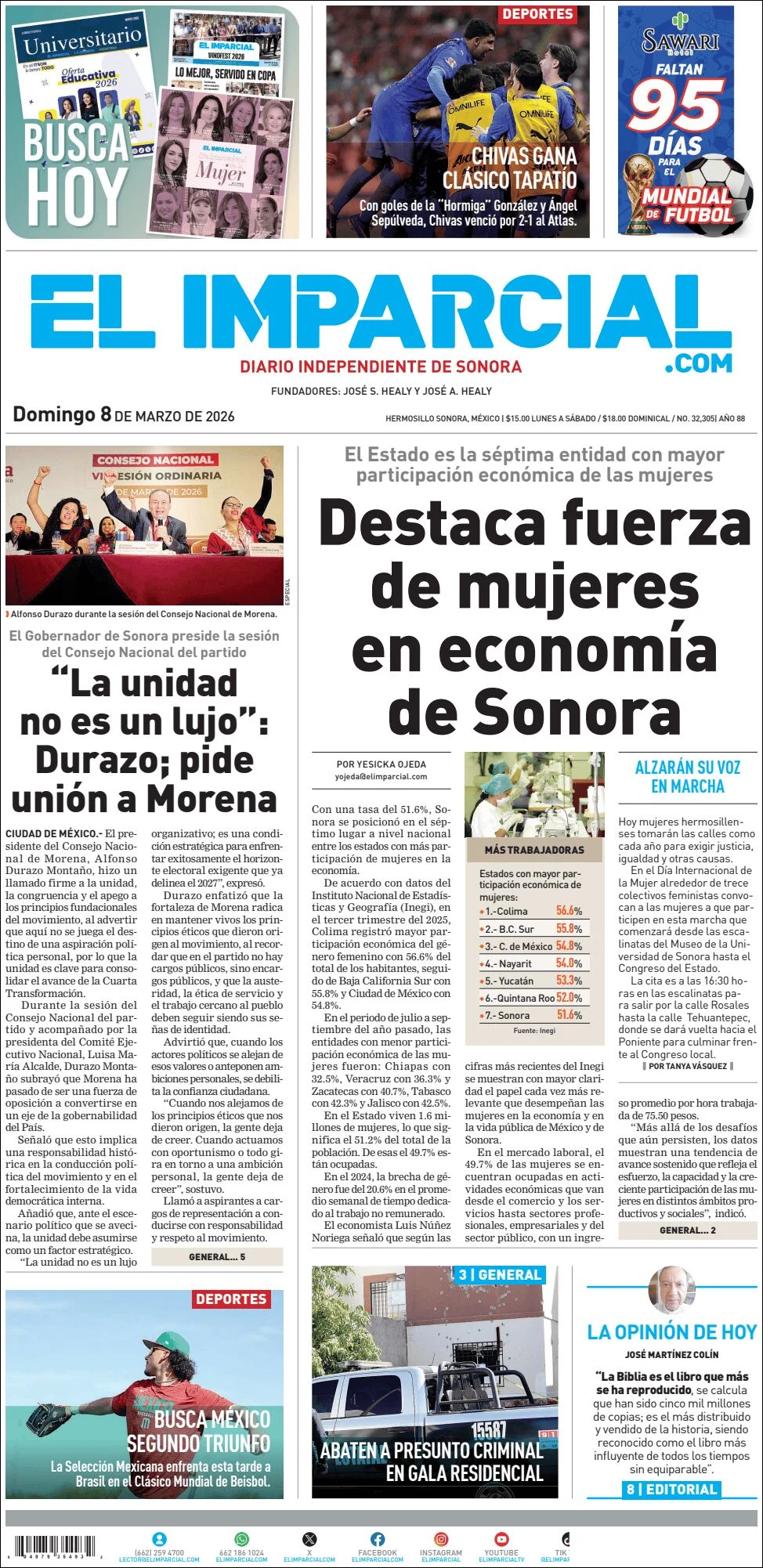 Portada de El Imparcial del domingo, 8 de marzo de 2026