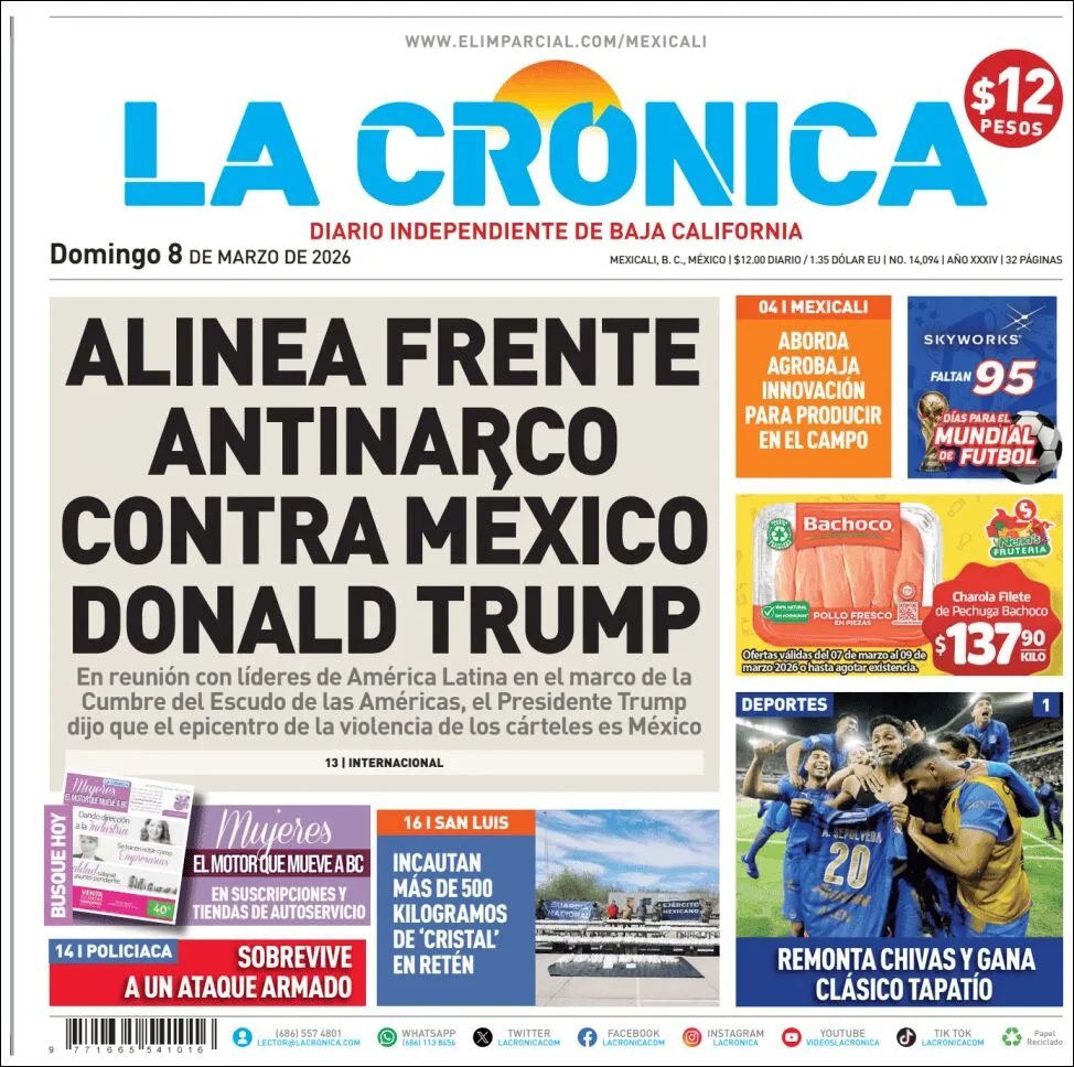 Portada de La Cronica del domingo, 8 de marzo de 2026