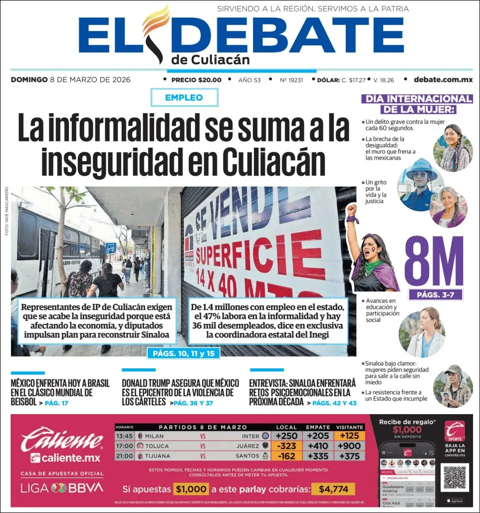 Portada de El Debate de Culiacan del domingo, 8 de marzo de 2026