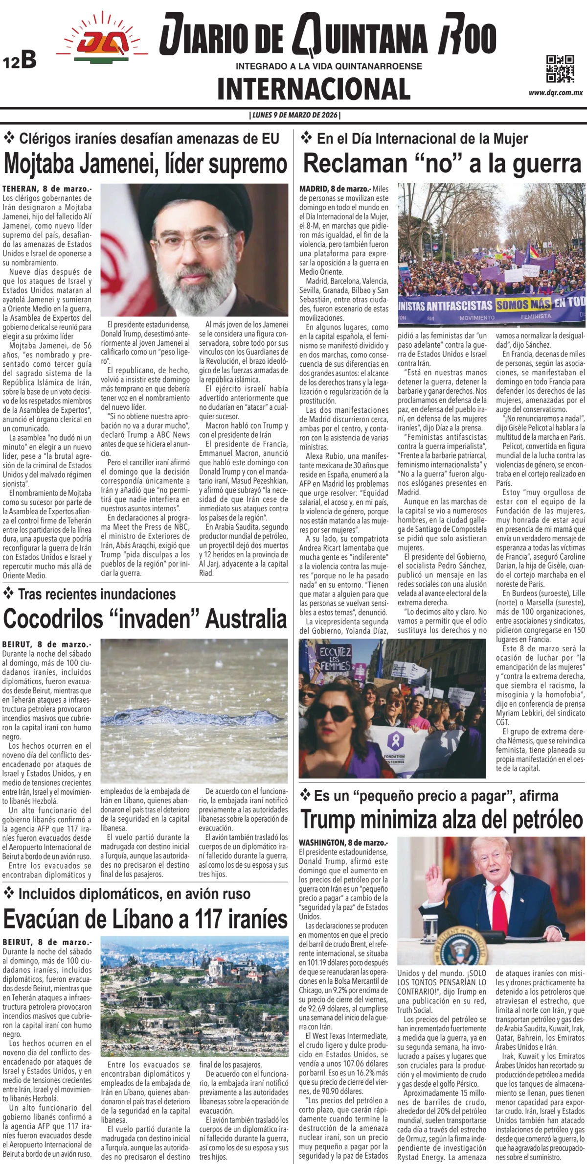 Portada de Diario de Quintana Roo (contra Portada) del lunes, 9 de marzo de 2026