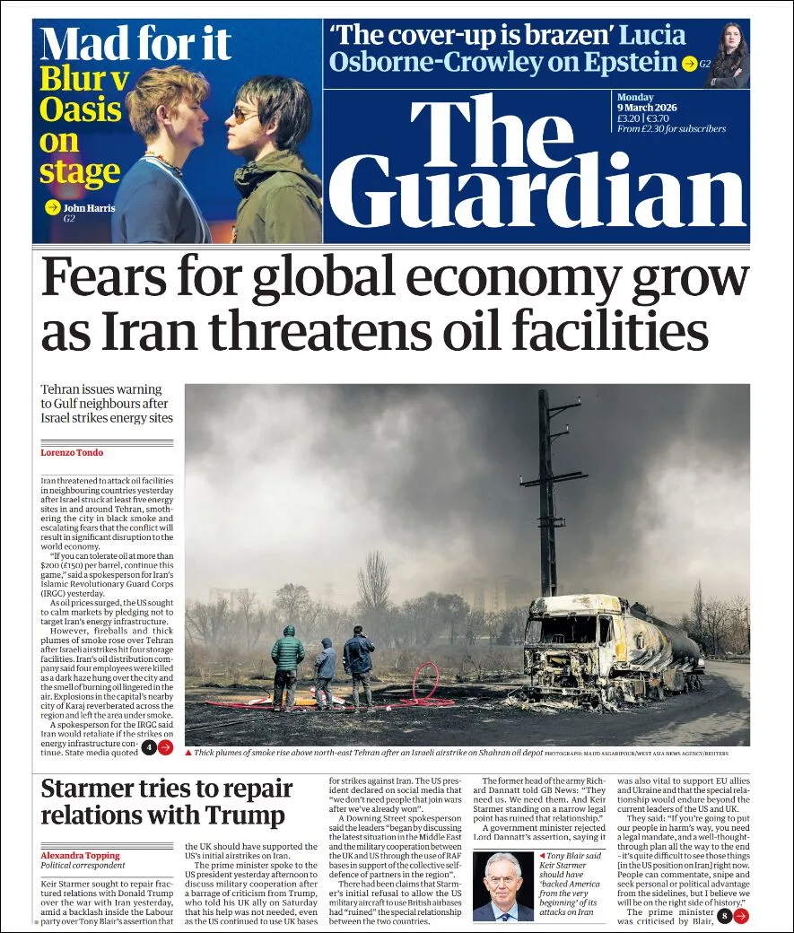 Portada de The Guardian (reino Unido) del lunes, 9 de marzo de 2026