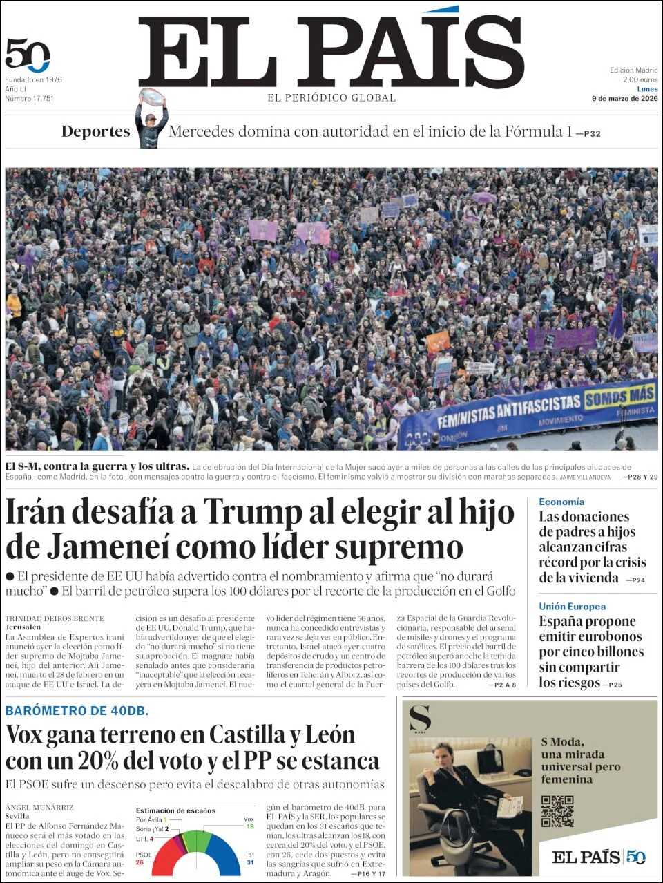 Portada de El Pais del lunes, 9 de marzo de 2026