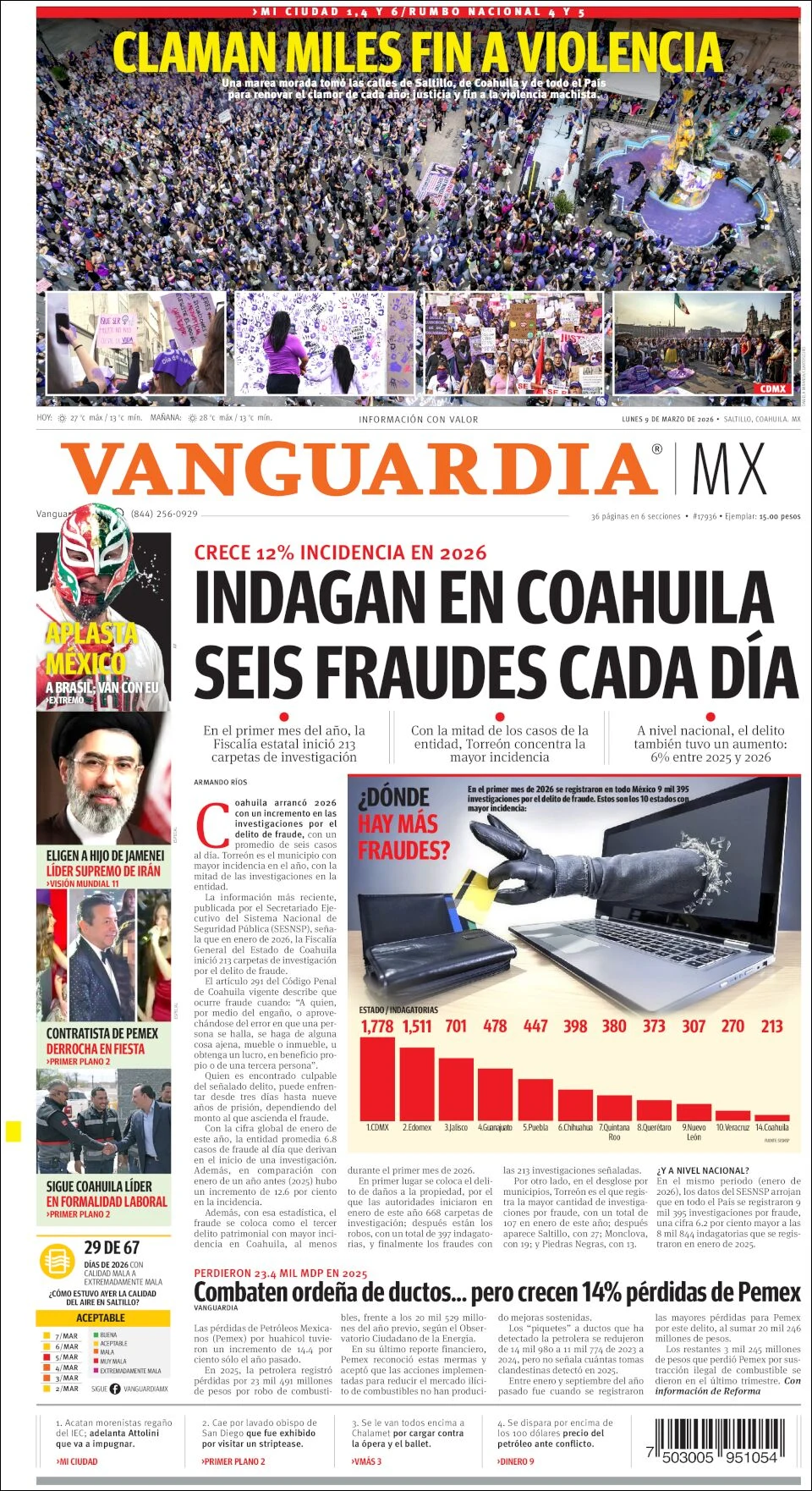 Portada de Vanguardia del lunes, 9 de marzo de 2026
