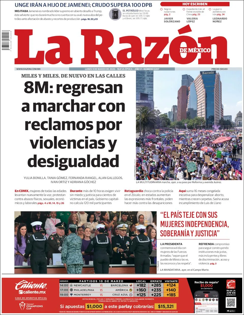Portada de La Razon del lunes, 9 de marzo de 2026