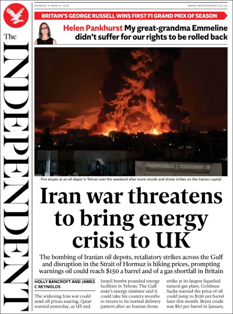 Portada de The Independent del lunes, 9 de marzo de 2026